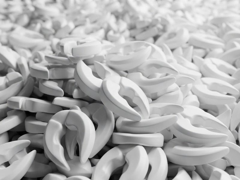 A dense pile of identical white curved claw-like plastic objects with shallow depth of field.